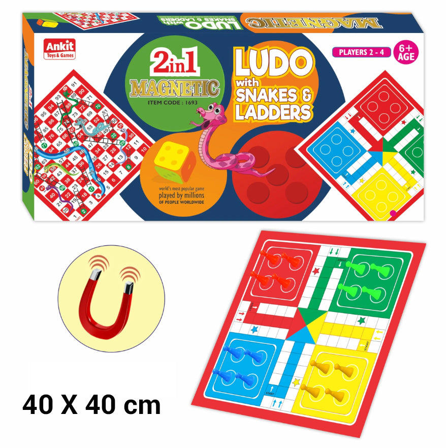 40x40 cm, 2 in 1 Magnetic Ludo with Snakes & Ladders Board Game, 2-4 Players, Age 6+