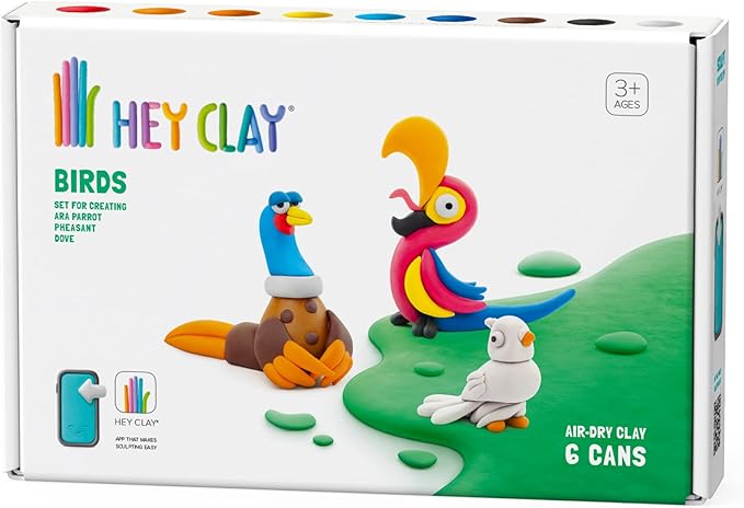 Hey Clay -DIY Birds: Pheasant, Ara Parrot, Dove Plastic Creative Modelling Air-Dry Clay For Kids 6 Cans