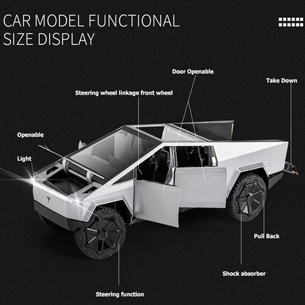 1:24 Scale Tesla Cybertruck, Die-Cast Model, Pull Back Pick-Up Truck with Sound and Light, Alloy Diecast Truck