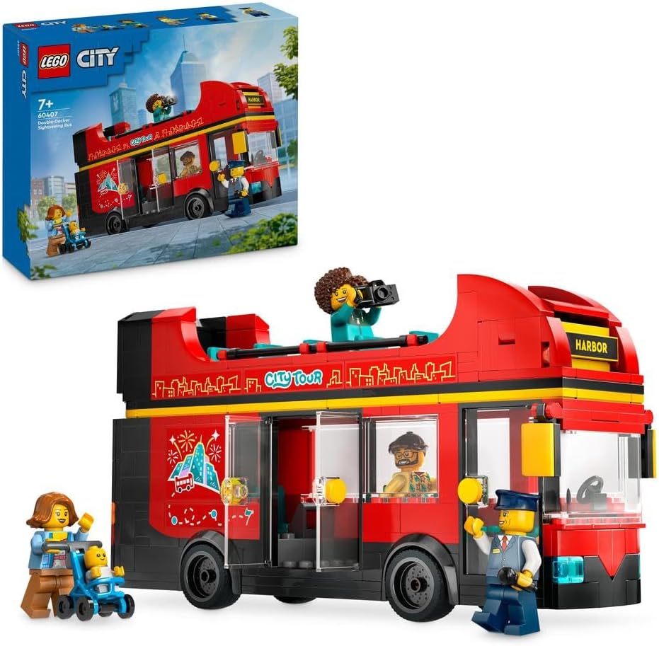 LEGO City Red Double-Decker Sightseeing Bus Toy, Red Vehicle for 7 Plus Year Old Boys & Girls, Creative Set with 5 Minifigures Including a Baby and Buggy, Birthday Gift Idea 60407