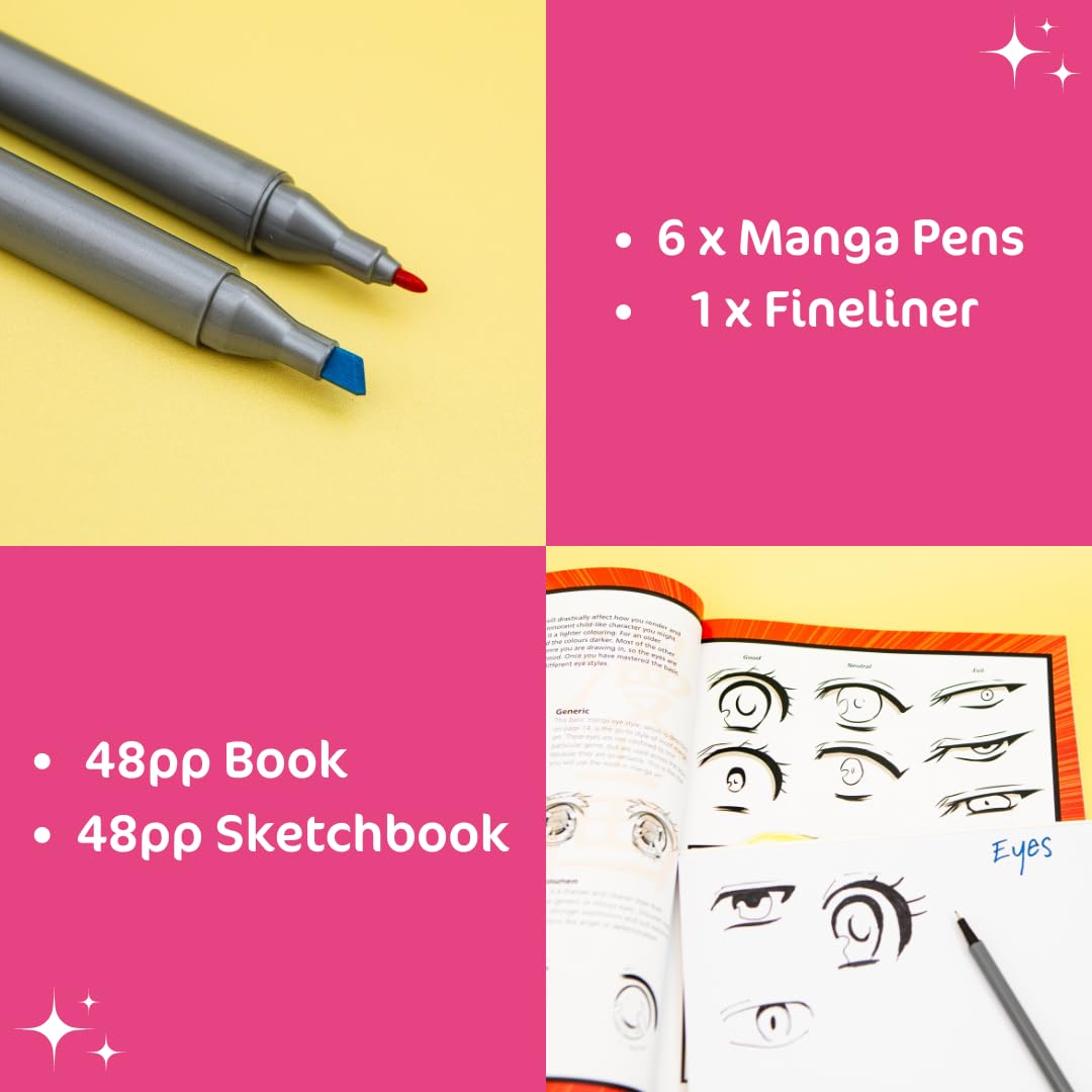 Hinkler Art Maker - How to Draw MANGA, 48-page instruction book & sketchbook, 6 specialist manga pens, 1 fineliner, Age 6 to Adult