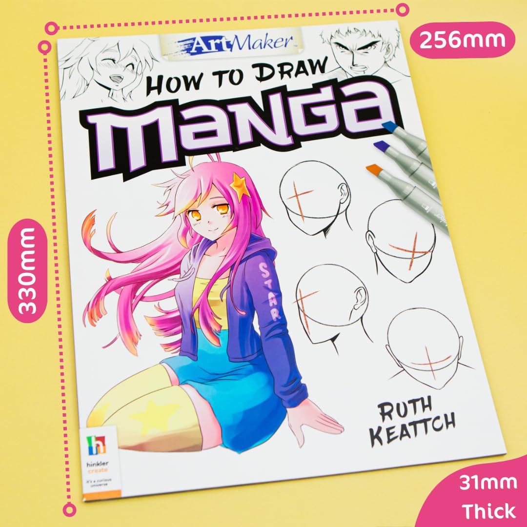 Hinkler Art Maker - How to Draw MANGA, 48-page instruction book & sketchbook, 6 specialist manga pens, 1 fineliner, Age 6 to Adult