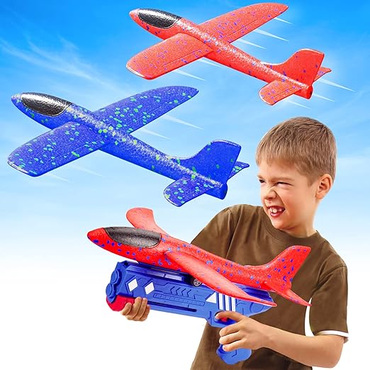 Aucess Boy Toys 2 Pack Airplane Launcher Toys, 2 Flight Modes Outdoor Throwing Foam Glider with Catapult Plane Gun Birthday Gift for 5+ Years Old Kid