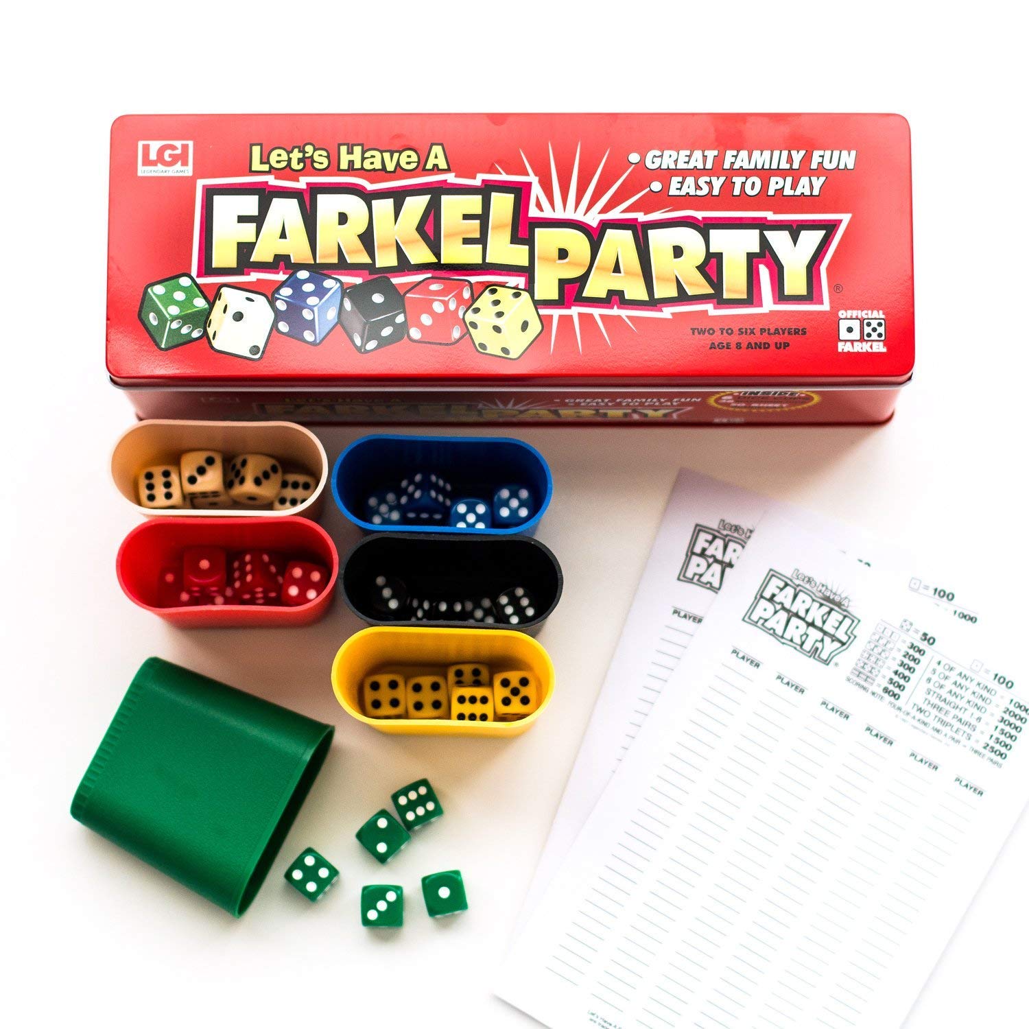 FARKEL PARTY GAME, 2 Players, 36 x Matching Dice, 6 Dice Cups, 50 Score Sheets, Age 8+