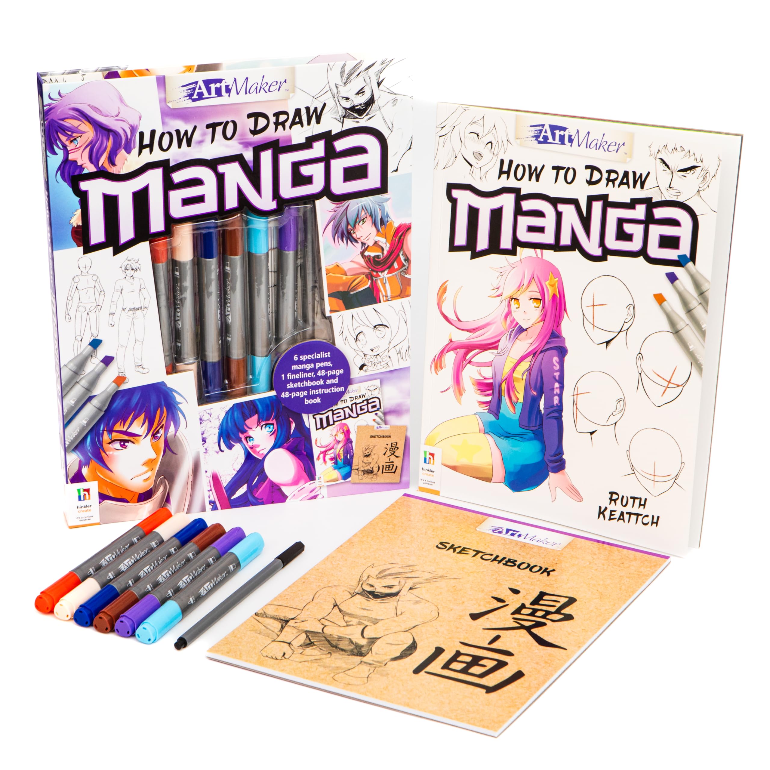 Hinkler Art Maker - How to Draw MANGA, 48-page instruction book & sketchbook, 6 specialist manga pens, 1 fineliner, Age 6 to Adult