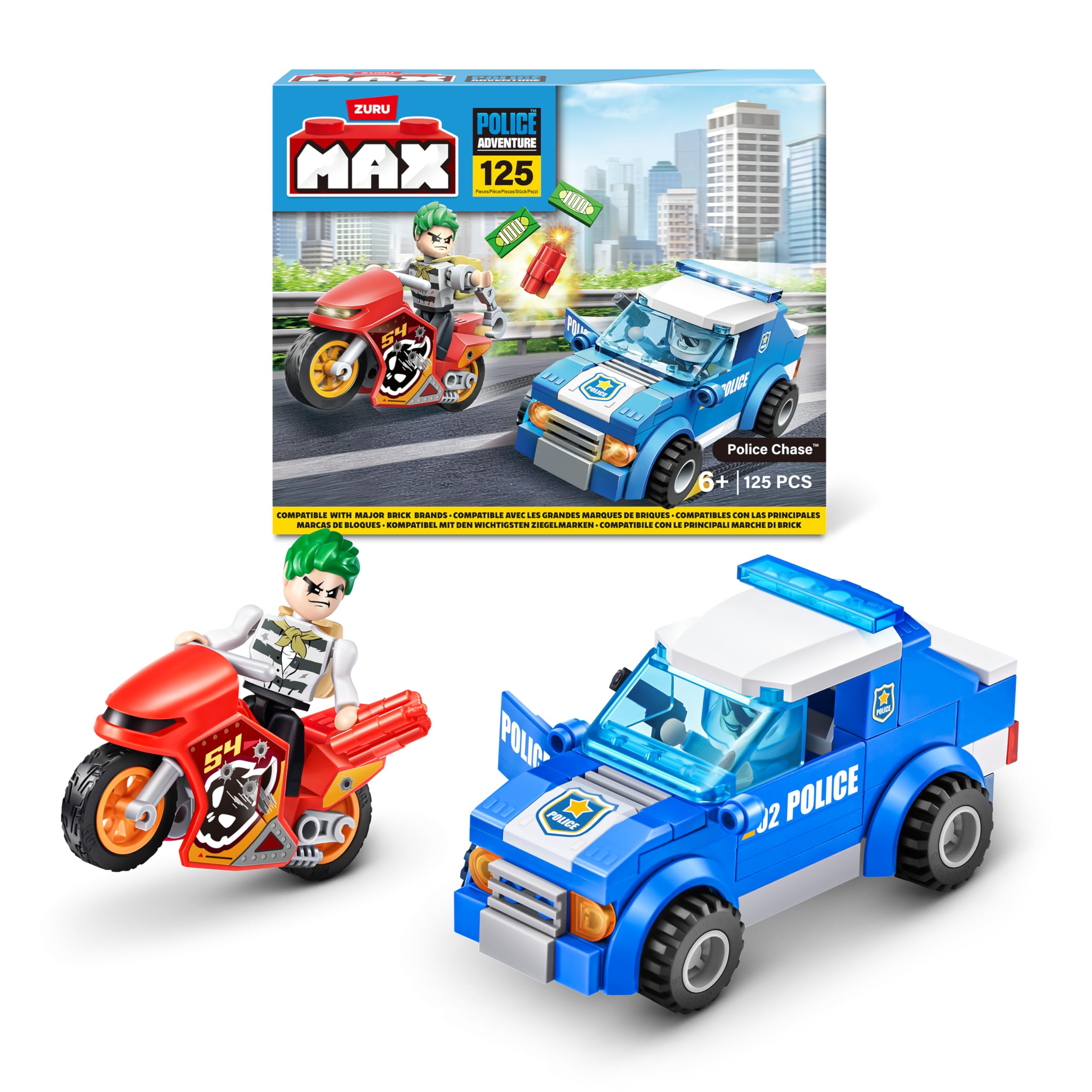 MAX Adventure Play Set, Police Chase Building Blocks Toy Vehicles, Max Build More 83164 (125 Pieces), Age 6+