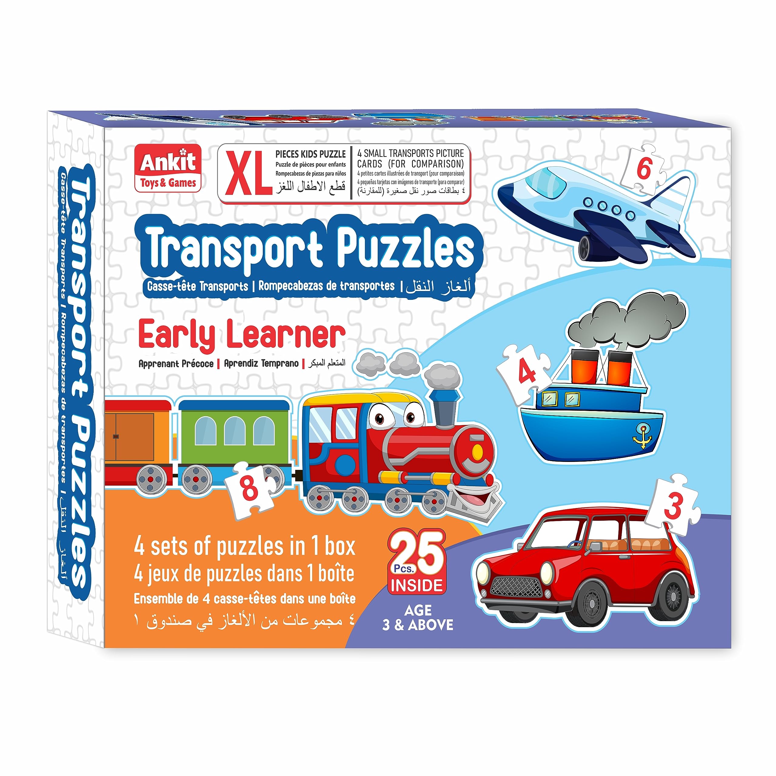 Trasnport Puzzles 25 Pieces , 4 in a Box Transport Puzzle Sets for Children Ages 3 +, Multi Language