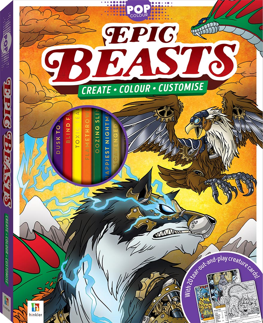 Hinkler Pop Colour - Epic Beasts, 48-page pad, 10 pencils, 20 tear-out battle cards, Age 5+