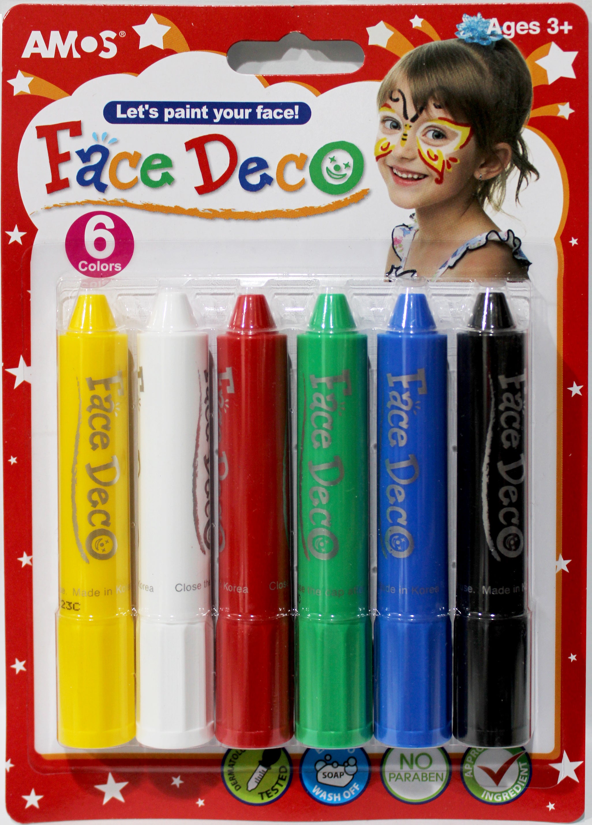 AMOS Face Deco 6 colors, Easily washes off with soap and water, Ages 3+