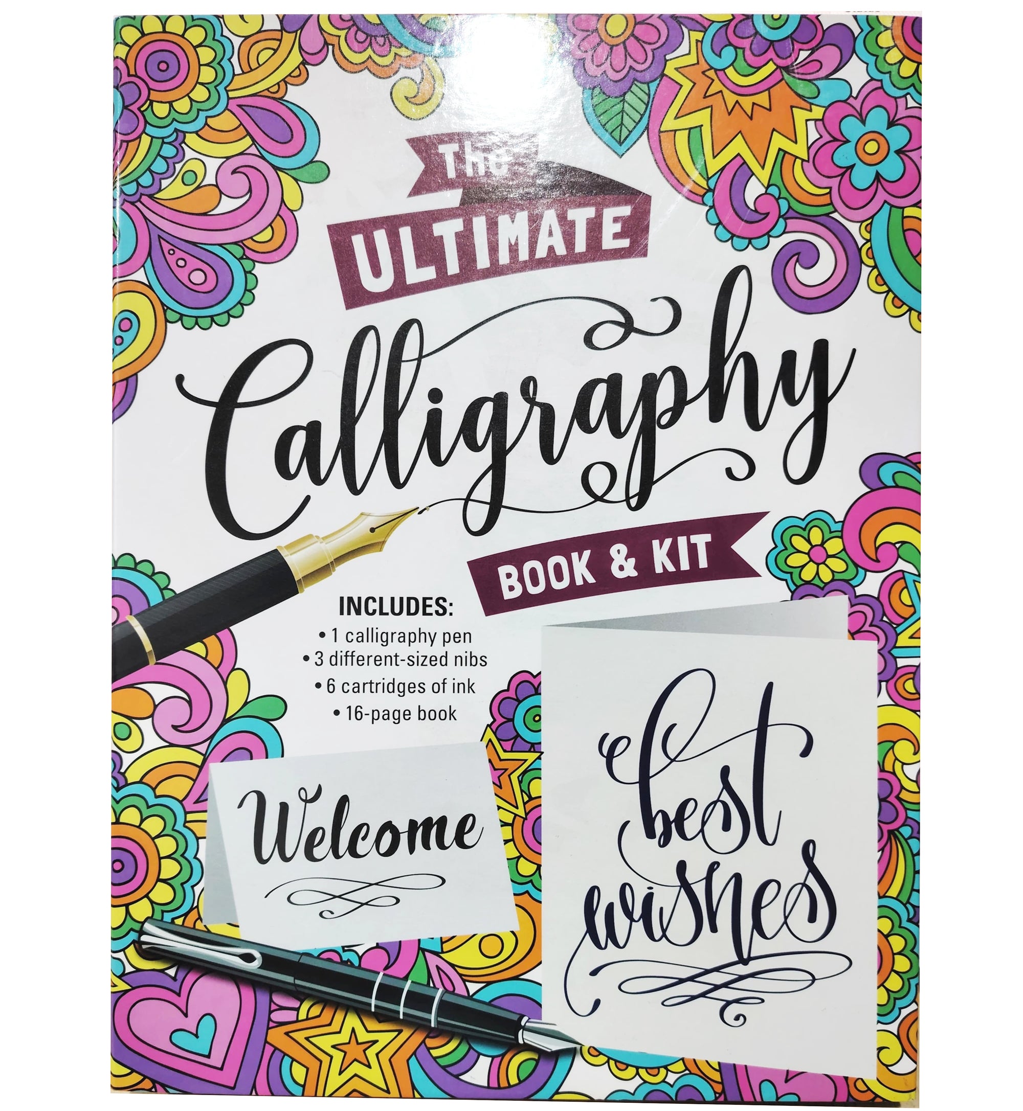 The Ultimate Calligraphy book & kit, 1 calligraphy pen, 3 different-sized nibs, 6 cartridges of ink, 16 page book